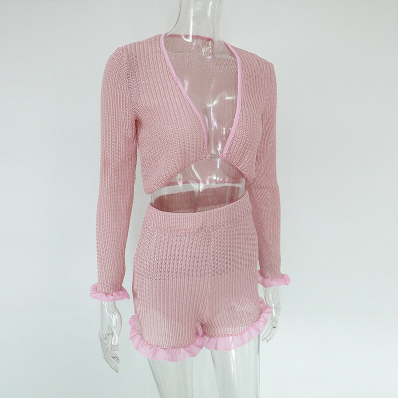 Ruffled Mesh Trim Pink Set | Ruffled Mesh Suit | Sassy Nilah Boutique