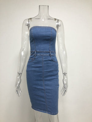 Women Denim Dress Slash Neck Strapless Elegant Bodycon Dress Sexy Blue Sleeveless Club Party Dress Vestidos Jeans Summer Dresses freeshipping - Sassy Nilah Boutique