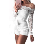 Women ladies summer autumn off shoulder sexy playsuits fashion long sleeve sheer lace patchwork hollow bandage skinny playsuits freeshipping - Sassy Nilah Boutique