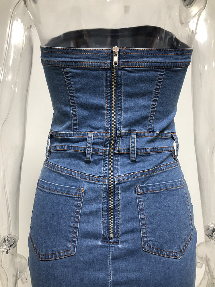 Women Denim Dress Slash Neck Strapless Elegant Bodycon Dress Sexy Blue Sleeveless Club Party Dress Vestidos Jeans Summer Dresses freeshipping - Sassy Nilah Boutique