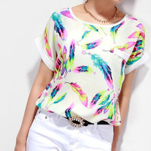 Women Feathers Chiffon Blouse Top Casual Short Sleeve Loose Shirt freeshipping - Sassy Nilah Boutique