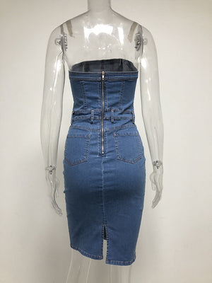 Women Denim Dress Slash Neck Strapless Elegant Bodycon Dress Sexy Blue Sleeveless Club Party Dress Vestidos Jeans Summer Dresses freeshipping - Sassy Nilah Boutique