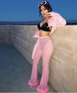 Summer Women See Through Mesh High Waist Pants and Long Sleeve Crop Top Sets Party Clubwear Sexy Faux Fur Outfit Two Piece Sets freeshipping - Sassy Nilah Boutique