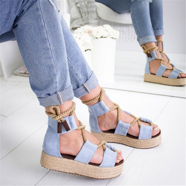 Summer Wedge Espadrilles Women Sandals 7CM Heel Pointed Fish Mouth Sandals Woman Hemp Lace Up Women Platform Sandals freeshipping - Sassy Nilah Boutique