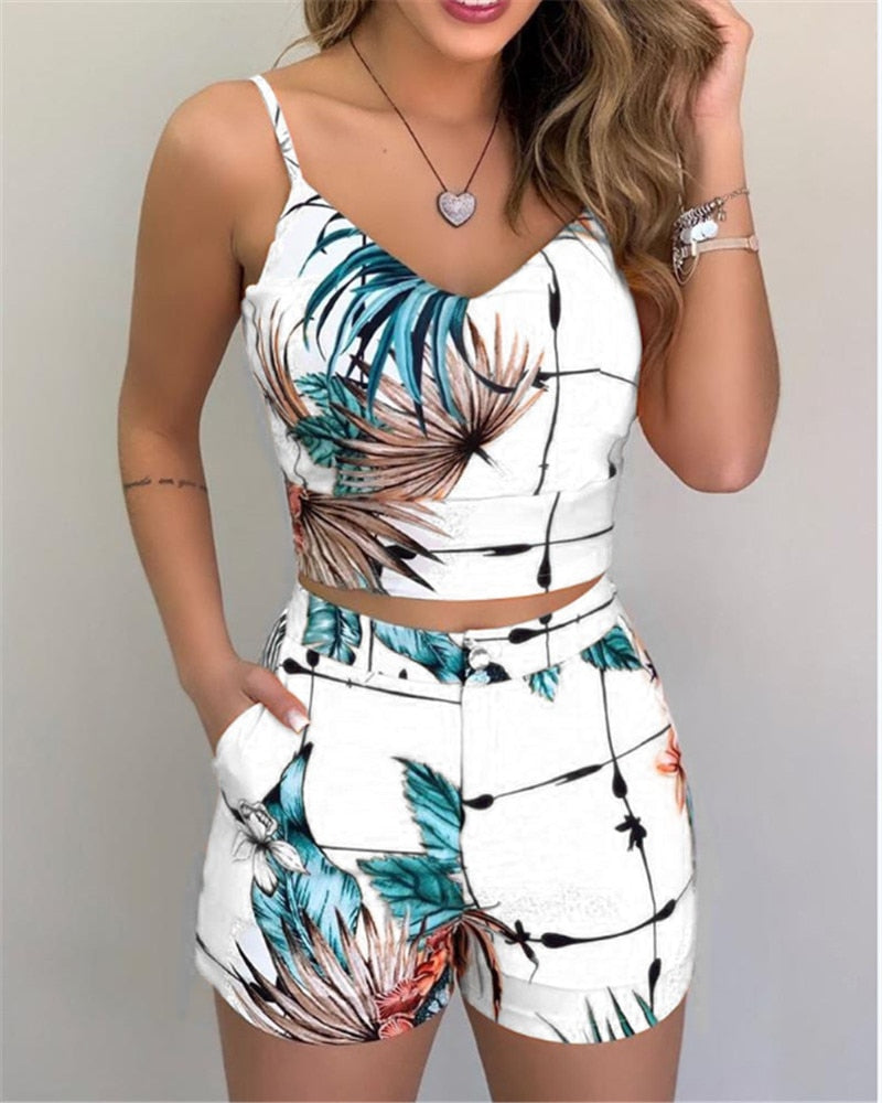 Summer Women Fashion 2-piece Outfit Set Sleeveless Print Top and Shorts Set for Ladies Women Party wear freeshipping - Sassy Nilah Boutique
