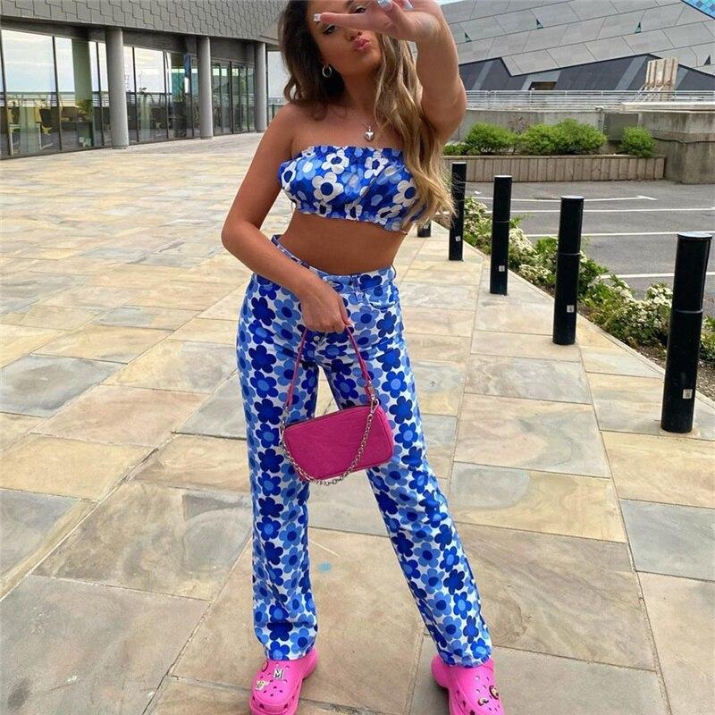 Y2K Blue Floral Crop Camisole Sexy Woman High Waisted Pant Suits freeshipping - Sassy Nilah Boutique