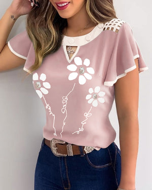 Women Elegant Fashion Female Top Casual Blouse Floral Printed  Cutout Ruffles Sleeve Contrast Binding Top S-3XL freeshipping - Sassy Nilah Boutique