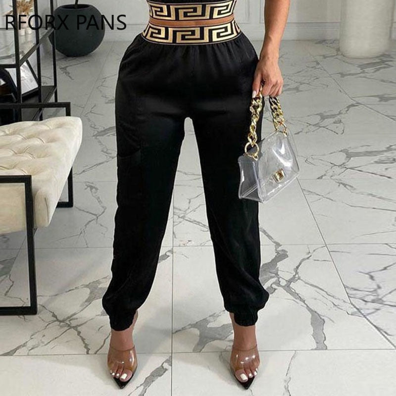 Women Chic Geometric Patchwork Tank Sleeveless Crop Short Top& Long Bottom Pants Set