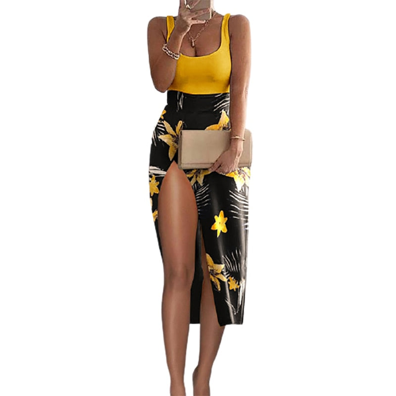 Tank Top & High Slit Printed Skirt Sets freeshipping - Sassy Nilah Boutique