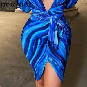 Women Chic Skinny Deep V neck Long Sleeve Sashes Tie Dye Silt Midi Sexy Dress