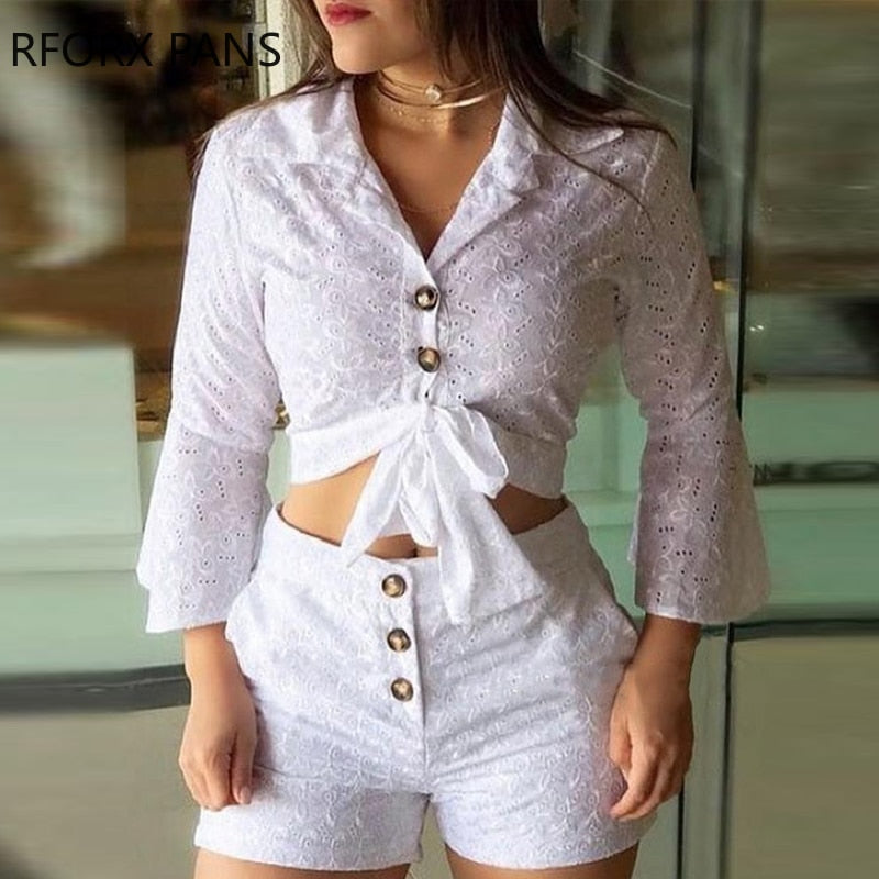 Women Broderie Lace Button-down Blouse & Shorts Sets Casual Women Sets freeshipping - Sassy Nilah Boutique