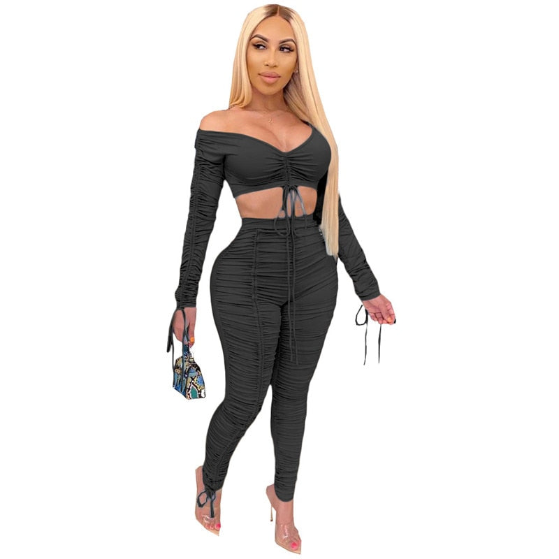 Lace Up Drawstring Two Piece Set Women Off Shoulder Crop Top Ruched Stacked Pants Elegant 2 Piece Set Club Outfits Matching Sets freeshipping - Sassy Nilah Boutique