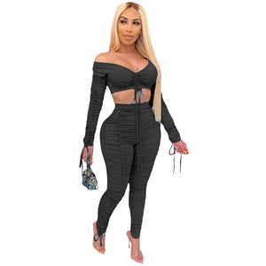 Lace Up Drawstring Two Piece Set Women Off Shoulder Crop Top Ruched Stacked Pants Elegant 2 Piece Set Club Outfits Matching Sets freeshipping - Sassy Nilah Boutique