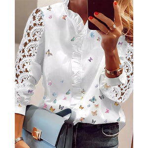 Women Elegant Fashion Butterfly Print Blouses Top Ruffled Trim  Casual Long Lace Sleeve Blouse freeshipping - Sassy Nilah Boutique