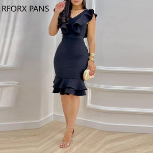 Women Solid Sexy Flying Sleeves Cascading Ruffle Bodycon Formal Party Dresses