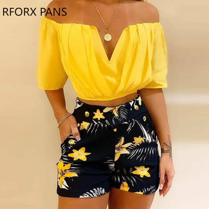 Women Off Shoulder Ruched Top & Tropical Print Shorts Set Two Pieces Set