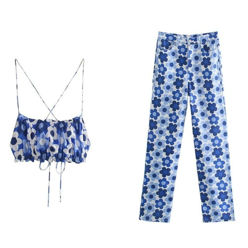 Y2K Blue Floral Crop Camisole Sexy Woman High Waisted Pant Suits freeshipping - Sassy Nilah Boutique