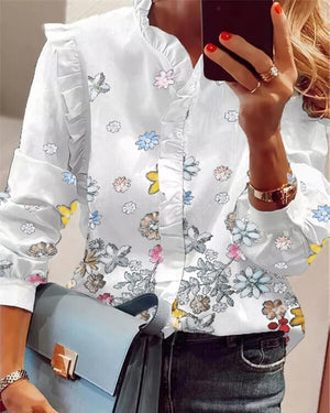 Women Elegant Fashion Butterfly Print Blouses Top Ruffled Trim  Casual Long Lace Sleeve Blouse freeshipping - Sassy Nilah Boutique