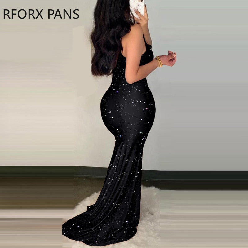 Women Glitter Glamorous Tank High Silt Bodycon Maxi Sexy Formal Party Black Dress