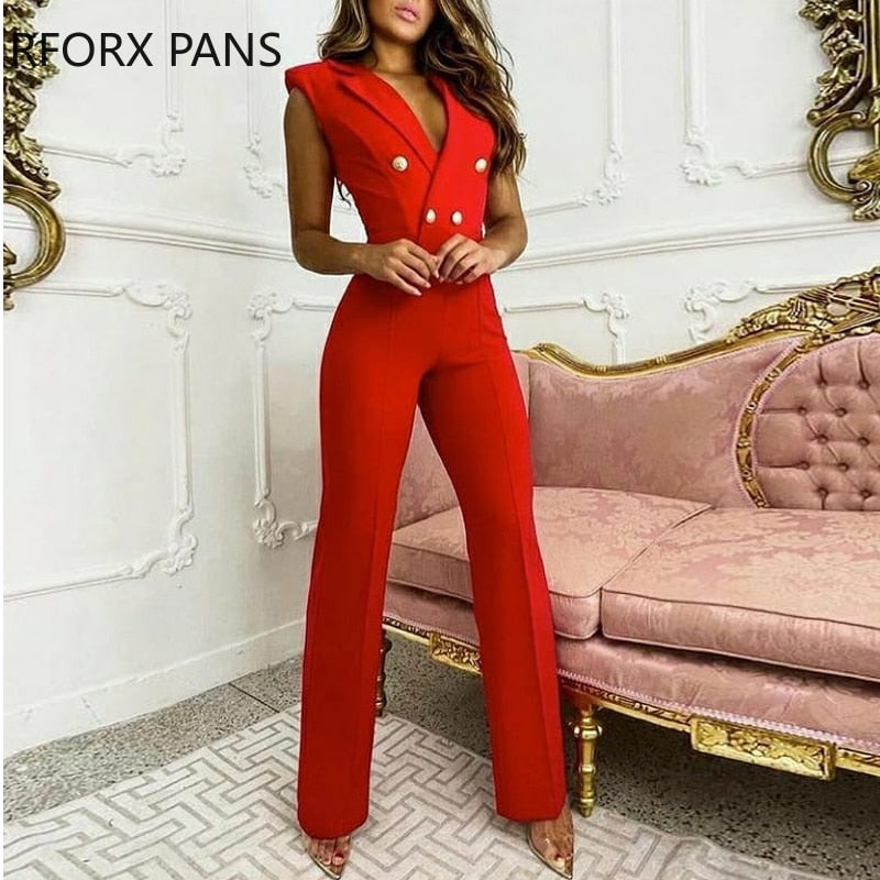 Women Solid Chic Deep V neck Button Casual Tank Sleeveness Blazer Straight Red Jumpsuit