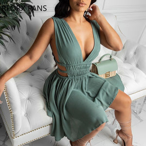 Women Deep V-Neck Plunge Cutout Ruched Backless Dress Casual Dress Bodycon Dress Elegant Party Dress