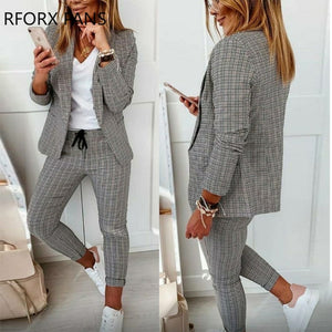 Women Elegant Plaid Notched Collar Drawstring Skinny Working Blazer Ankle Length Pencil Pants Sets