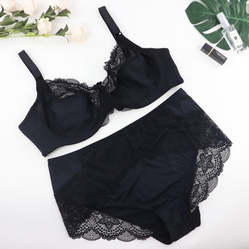 SoftRhyme Floral Lace Lingeries For Women Plus Size Bra Set D Cup XL 2XL 3XL 4XL 5XL 6XL Full Cup Bras And Ultra Thin Underpants freeshipping - Sassy Nilah Boutique