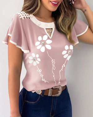 Women Elegant Fashion Female Top Casual Blouse Floral Printed  Cutout Ruffles Sleeve Contrast Binding Top S-3XL freeshipping - Sassy Nilah Boutique