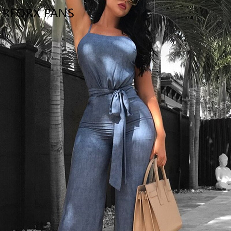 Women Plain  Cami  Sleeveless Jeans Hollow-out Sexy Jumpsuit