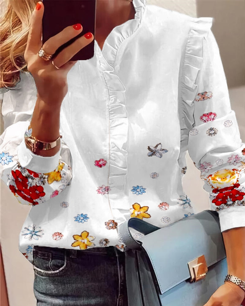 Women Elegant Fashion Butterfly Print Blouses Top Ruffled Trim  Casual Long Lace Sleeve Blouse freeshipping - Sassy Nilah Boutique