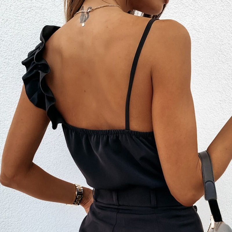 Women Summer Blouse Shirts Sexy V Neck Ruffle Blouses Backless Spaghetti Strap Office Ladies Sleeveless Casual Tops freeshipping - Sassy Nilah Boutique