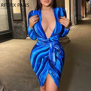 Women Chic Skinny Deep V neck Long Sleeve Sashes Tie Dye Silt Midi Sexy Dress