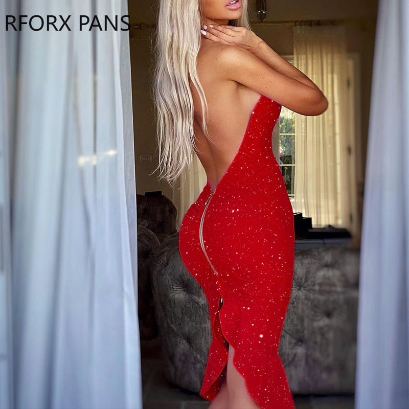 Women Chic Glamourous Halter Glitter Ruffles Hem Backless Bodycon Party Sexy Red Dress