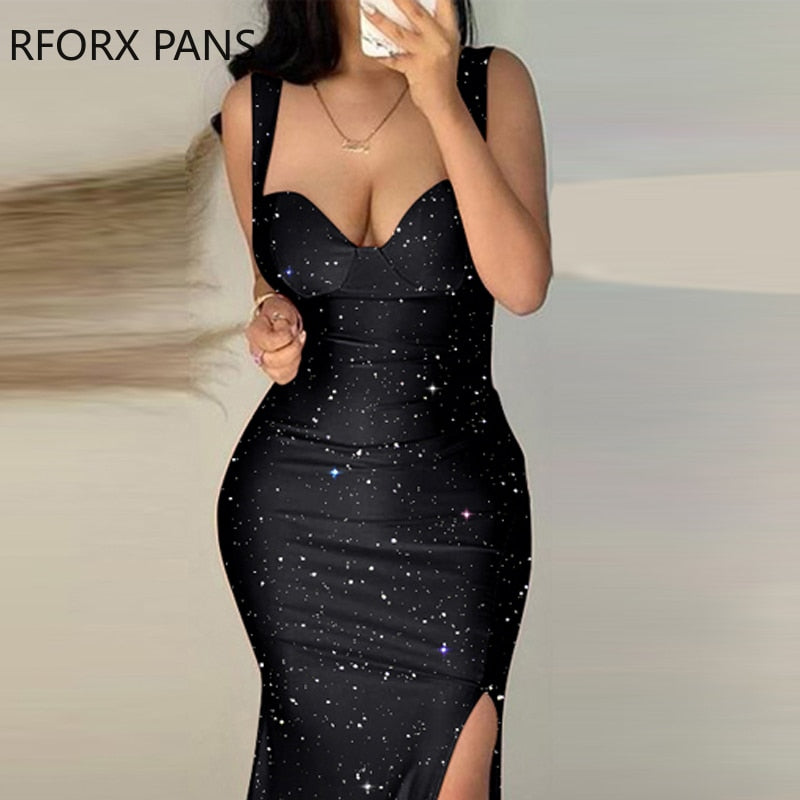 Women Glitter Glamorous Tank High Silt Bodycon Maxi Sexy Formal Party Black Dress