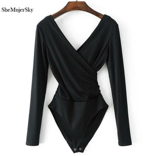 SheMujerSky Long Sleeve Bodysuit Women Backless Jumpsuits Black White freeshipping - Sassy Nilah Boutique