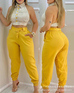 Yellow Halter Top Pants Suit Women Summer 2021 Lace Up Backless Crop Tops Sets 2 Piece Sets Outfits High Waist Pants Sets freeshipping - Sassy Nilah Boutique