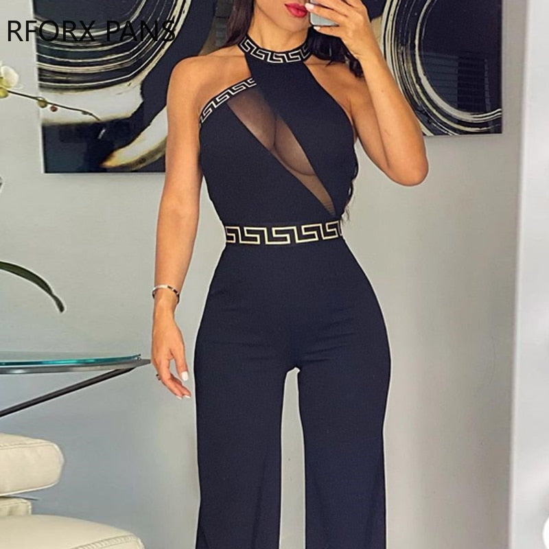 Women Clothes O Neck Cutout Sheer Mesh Jumpsuit Casual Jumpsuit