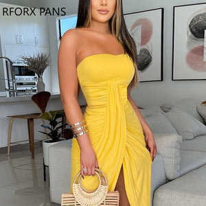 Women Off Shoulder Plain High Slit Maxi Dress Bodycon Dress Sexy Party Dress