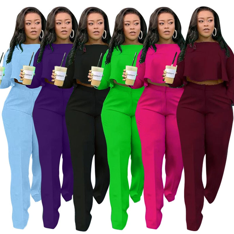 Elegant Work Wear Two Piece Set Fall Clothes for Women Ruffles Crop Top and Wide Leg Pants Suits Matching Sets Sexy Club Outfits freeshipping - Sassy Nilah Boutique