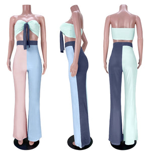 Two Piece Summer Chic Streetwear Suits Tie Up Tube Top & Loose Wide Leg Pants Set