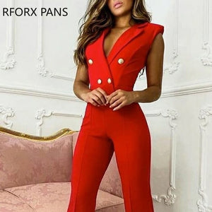 Women Solid Chic Deep V neck Button Casual Tank Sleeveness Blazer Straight Red Jumpsuit