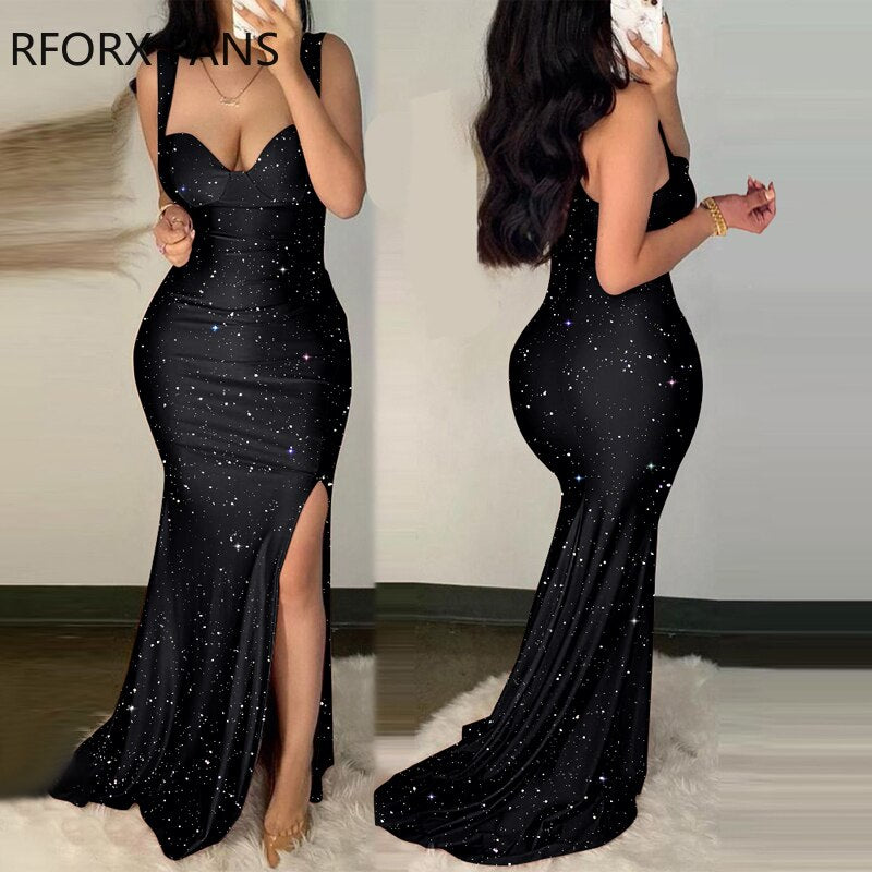 Women Glitter Glamorous Tank High Silt Bodycon Maxi Sexy Formal Party Black Dress