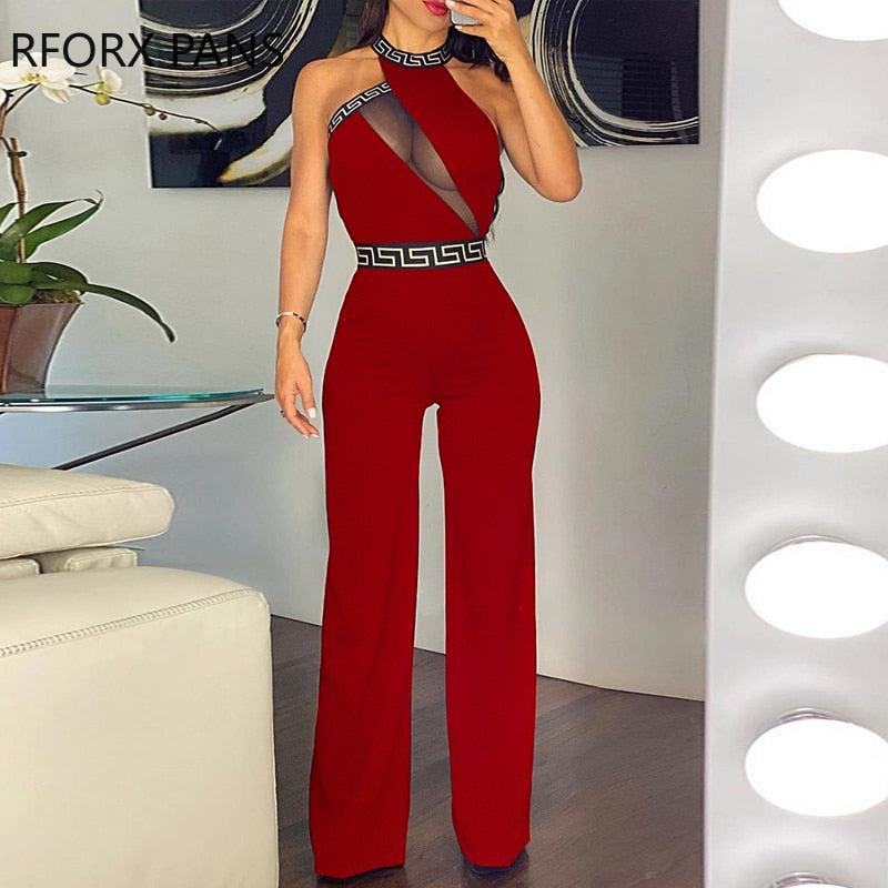 Women Clothes O Neck Cutout Sheer Mesh Jumpsuit Casual Jumpsuit