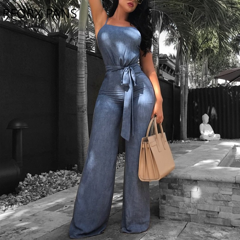 Women Plain  Cami  Sleeveless Jeans Hollow-out Sexy Jumpsuit