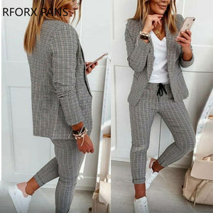 Women Elegant Plaid Notched Collar Drawstring Skinny Working Blazer Ankle Length Pencil Pants Sets