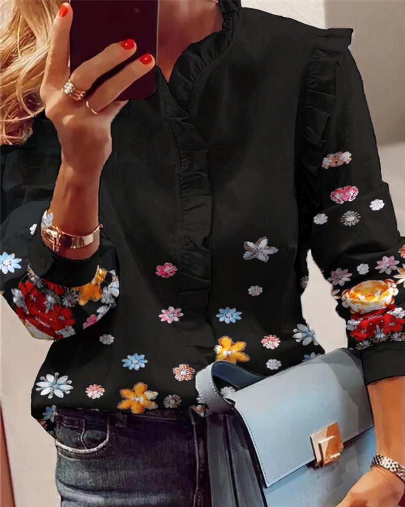 Women Elegant Fashion Butterfly Print Blouses Top Ruffled Trim  Casual Long Lace Sleeve Blouse freeshipping - Sassy Nilah Boutique