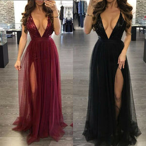 Women's Deep V Neck Sleeveless Elegant Formal Prom Long Maxi Cocktail Party Ball Gown Bandage Blackless Dress Red Black XL freeshipping - Sassy Nilah Boutique