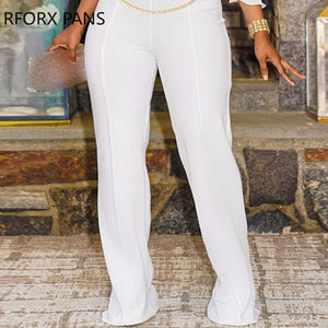 Women Soild  Ruffle Hem Chain Sashes Off  Shoulder Casual Straight White Jumpsuit