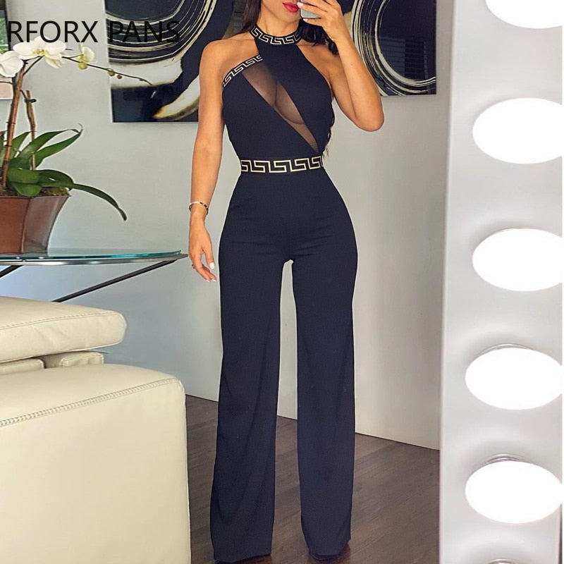 Women Clothes O Neck Cutout Sheer Mesh Jumpsuit Casual Jumpsuit