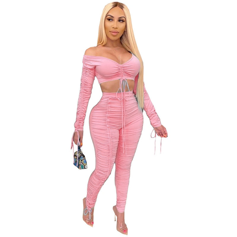 Lace Up Drawstring Two Piece Set Women Off Shoulder Crop Top Ruched Stacked Pants Elegant 2 Piece Set Club Outfits Matching Sets freeshipping - Sassy Nilah Boutique